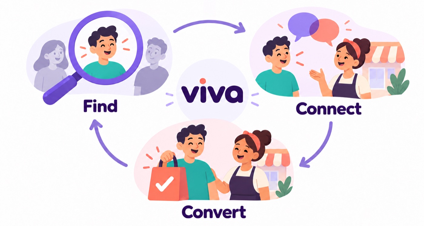 Illustration: a shop owner spots a customer in a crowd (Find), chats with him (Connect), and he leaves happy with a shopping bag (Convert).